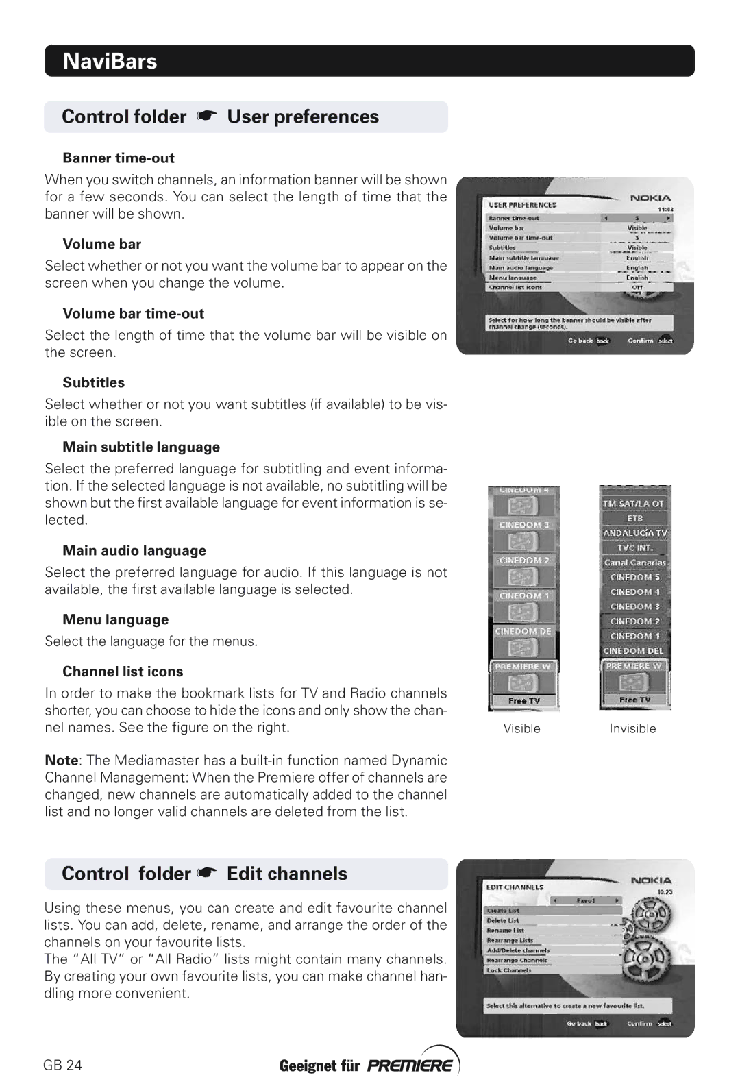 Nokia 211S manual Control folder User preferences, Control folder Edit channels 