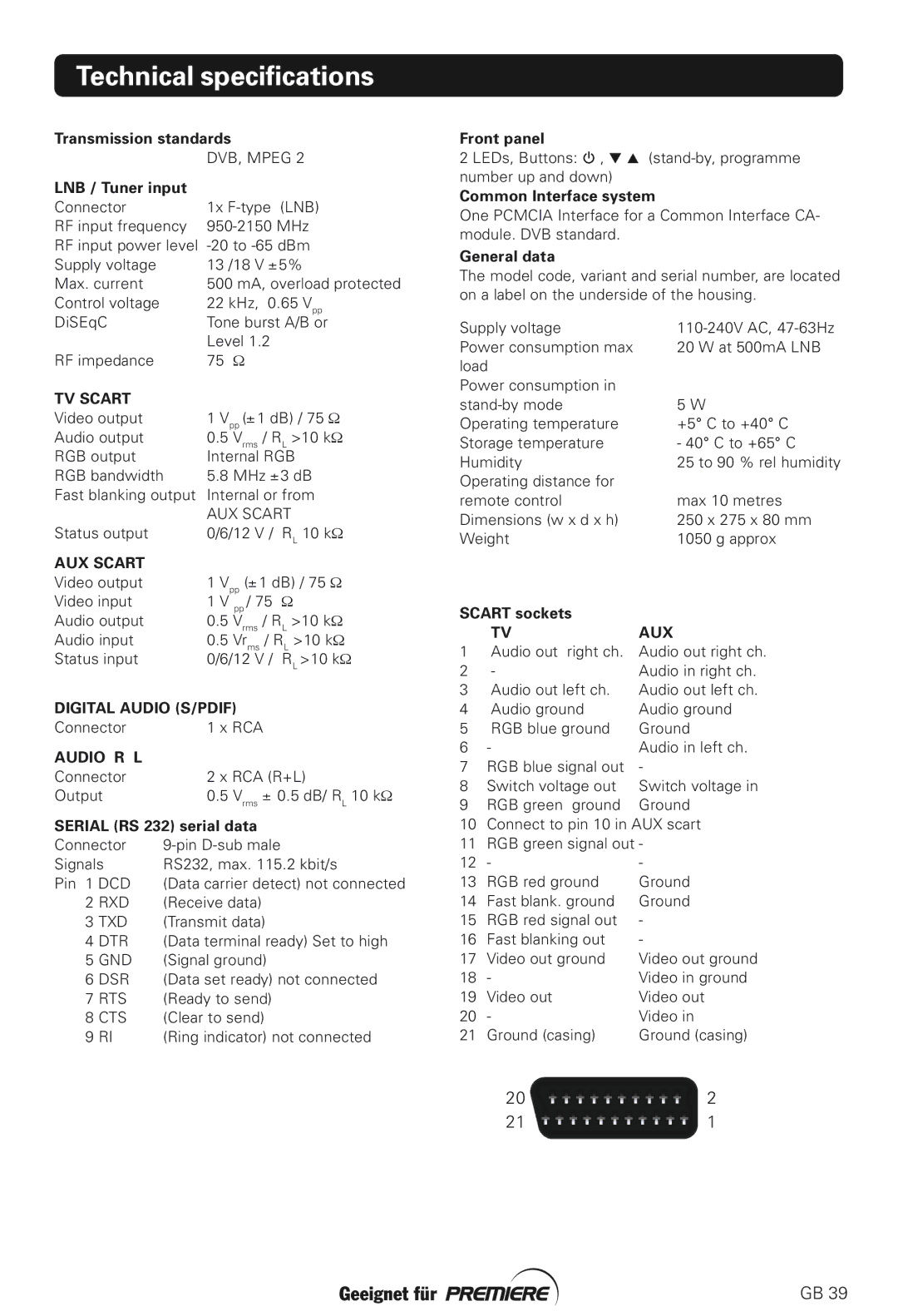 Nokia 211S manual Technical specifications, LNB / Tuner input 