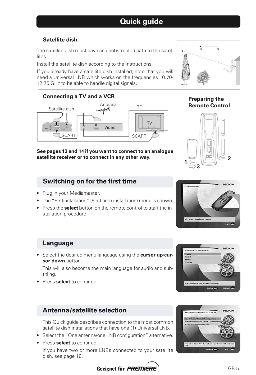 Nokia 211S manual Quick guide, Switching on for the first time, Language, Antenna/satellite selection 