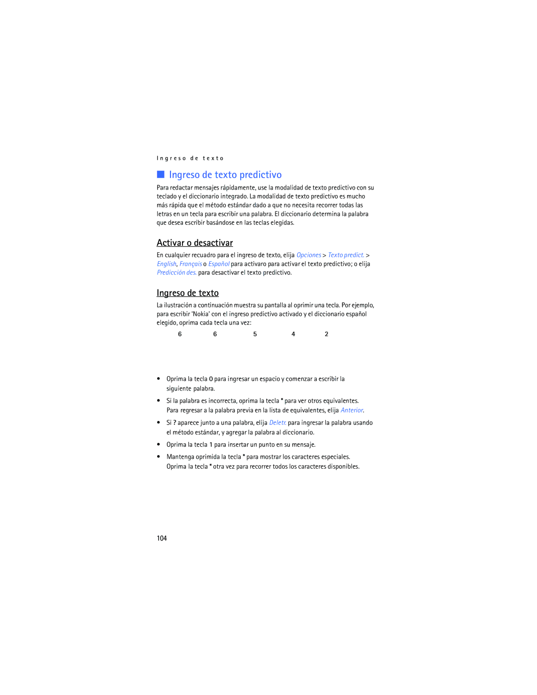 Nokia 2125i manual Ingreso de texto predictivo, Activar o desactivar, 104 