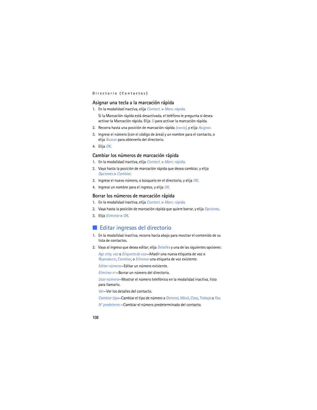 Nokia 2125i manual Editar ingresos del directorio, Asignar una tecla a la marcación rápida, 108 