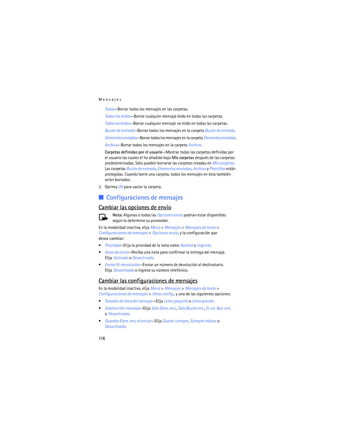 Nokia 2125i manual Configuraciones de mensajes, Cambiar las opciones de envío, Cambiar las configuraciones de mensajes, 116 