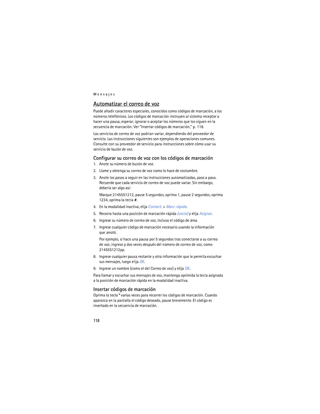 Nokia 2125i manual Automatizar el correo de voz, Configurar su correo de voz con los códigos de marcación, 118 
