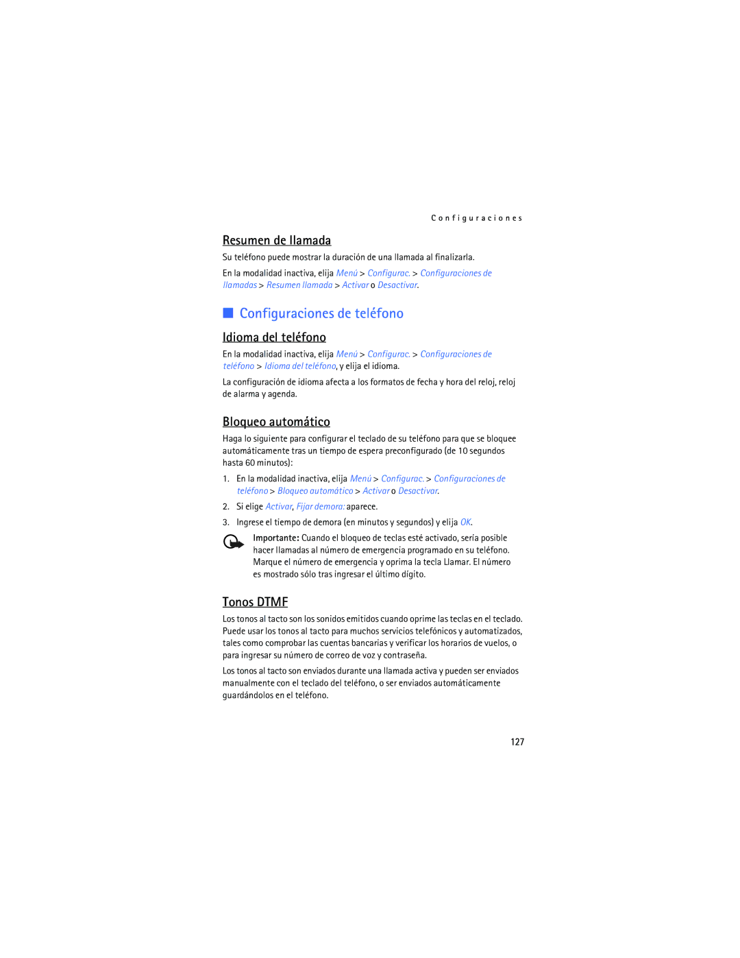 Nokia 2125i manual Configuraciones de teléfono, Resumen de llamada, Idioma del teléfono, Bloqueo automático, Tonos Dtmf 