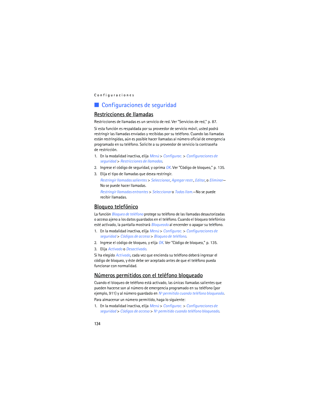 Nokia 2125i manual Configuraciones de seguridad, Restricciones de llamadas, Bloqueo telefónico, 134 