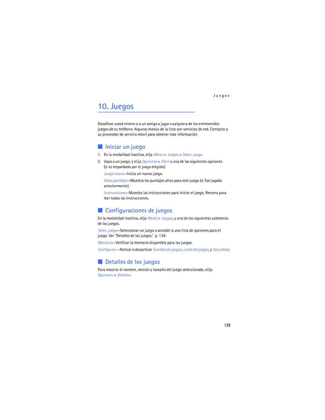 Nokia 2125i manual Juegos, Iniciar un juego, Configuraciones de juegos, Detalles de los juegos 