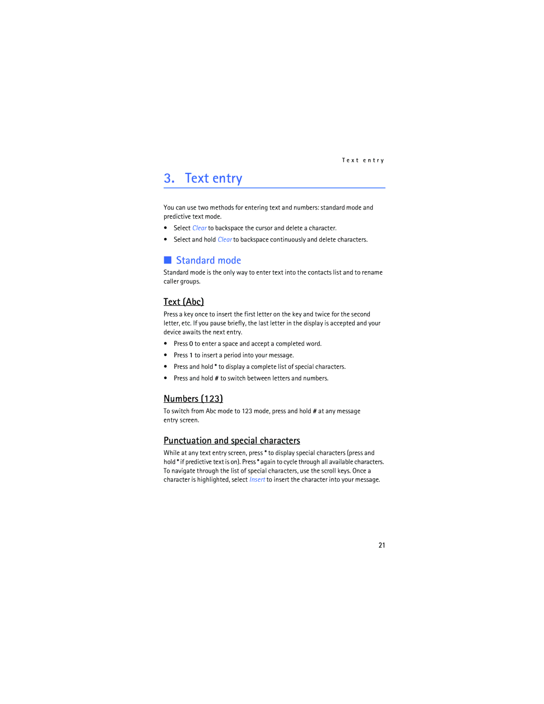 Nokia 2125i manual Text entry, Standard mode, Text Abc, Numbers, Punctuation and special characters 