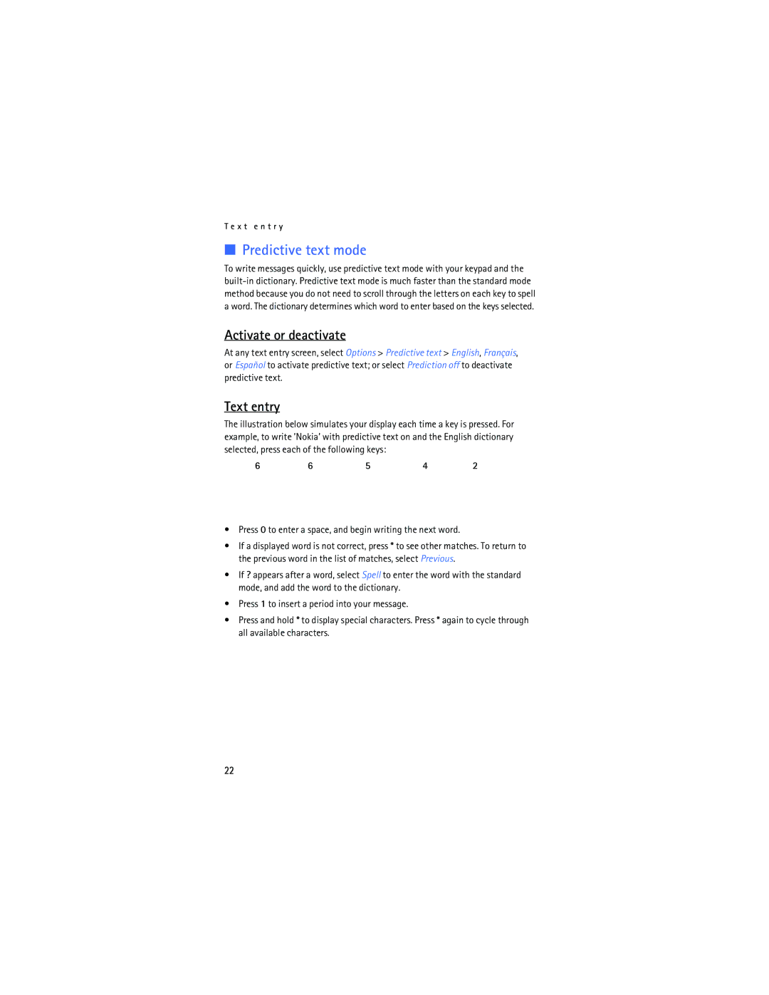 Nokia 2125i manual Predictive text mode, Activate or deactivate, Text entry 