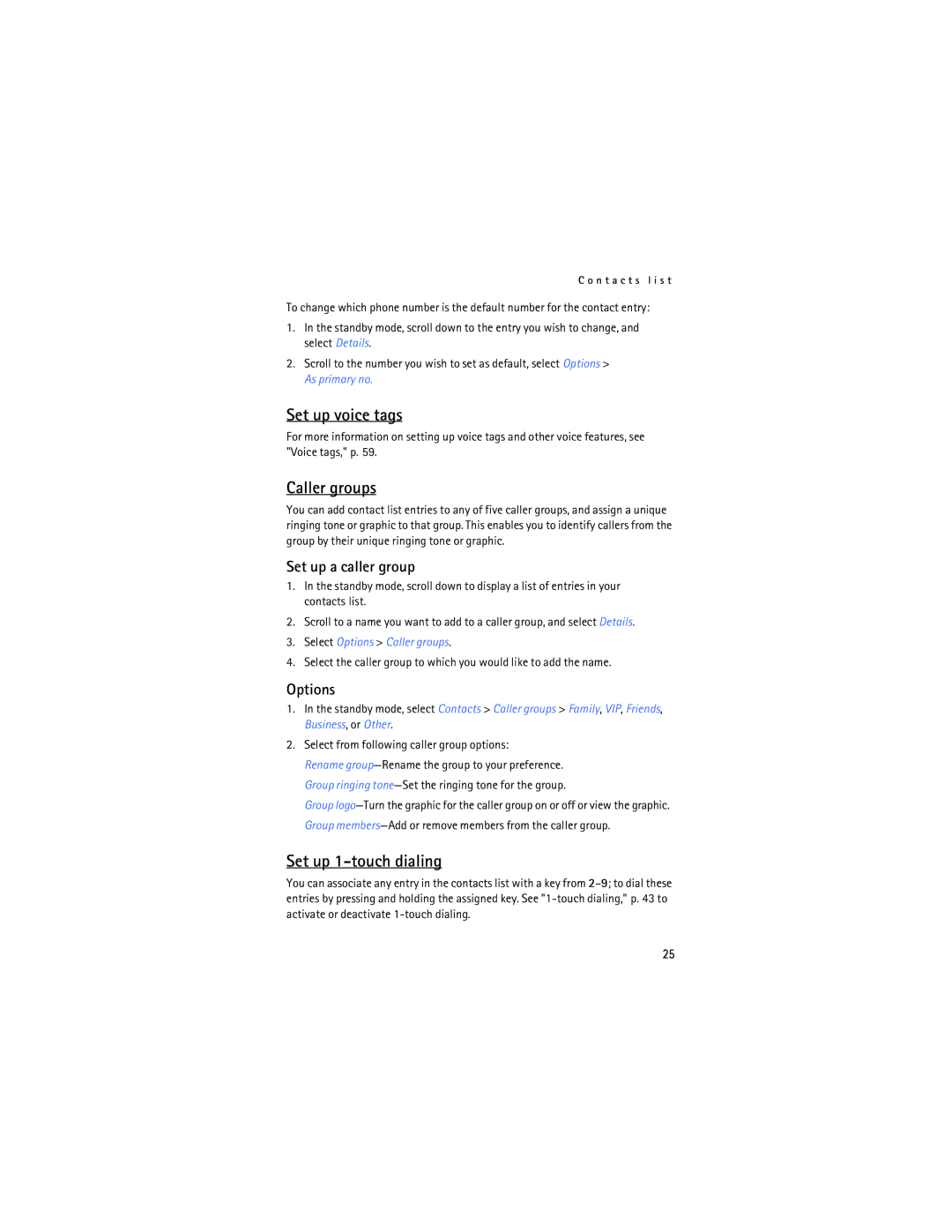 Nokia 2125i manual Set up voice tags, Caller groups, Set up 1-touch dialing, Set up a caller group, Options 