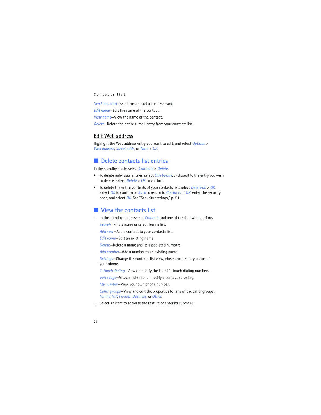 Nokia 2125i manual Delete contacts list entries, View the contacts list, Edit Web address 