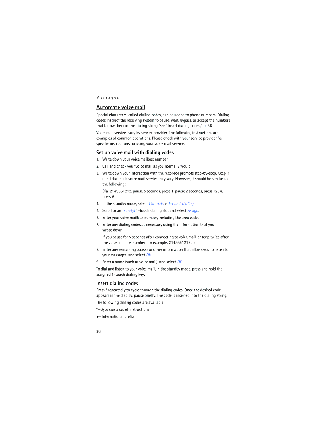 Nokia 2125i manual Automate voice mail, Set up voice mail with dialing codes, Insert dialing codes 