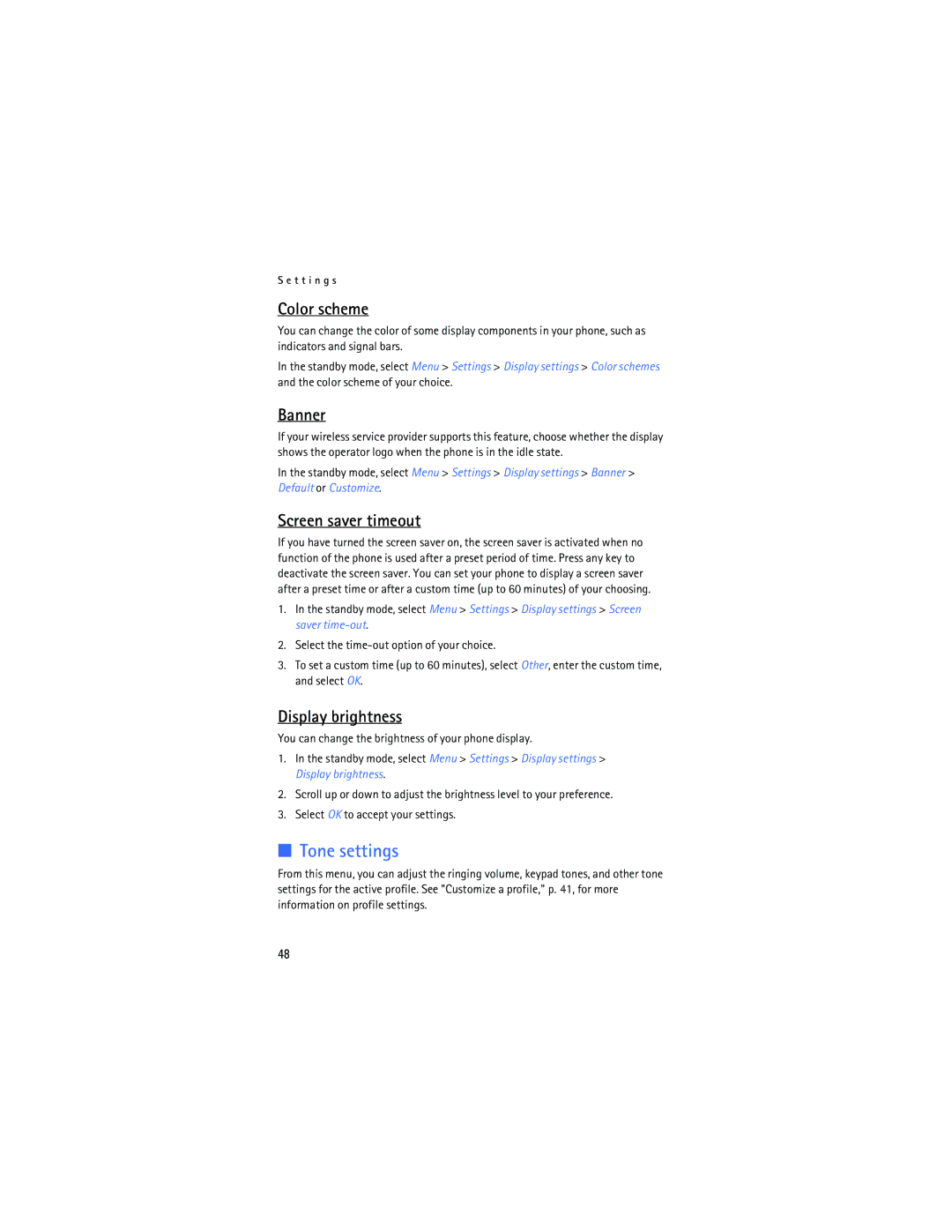 Nokia 2125i manual Tone settings, Color scheme, Banner, Screen saver timeout, Display brightness 