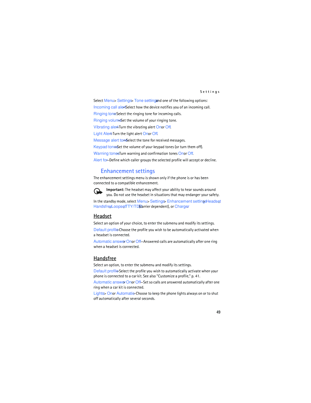 Nokia 2125i manual Enhancement settings, Headset, Handsfree 
