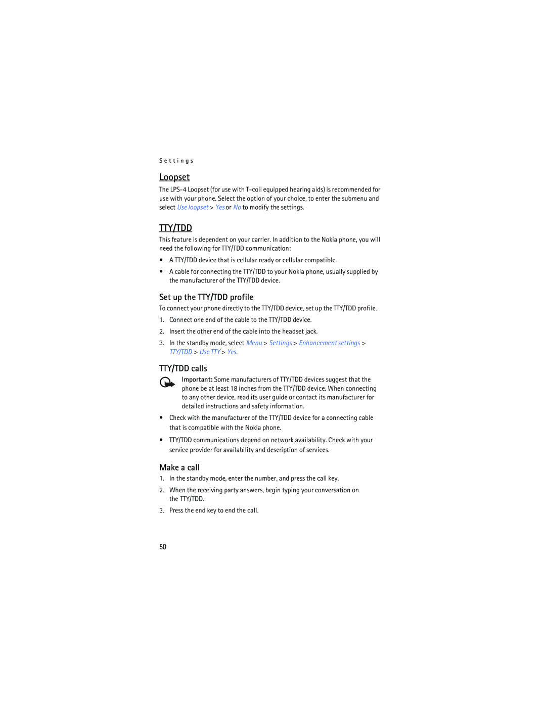Nokia 2125i manual Loopset, Set up the TTY/TDD profile, TTY/TDD calls, Make a call 