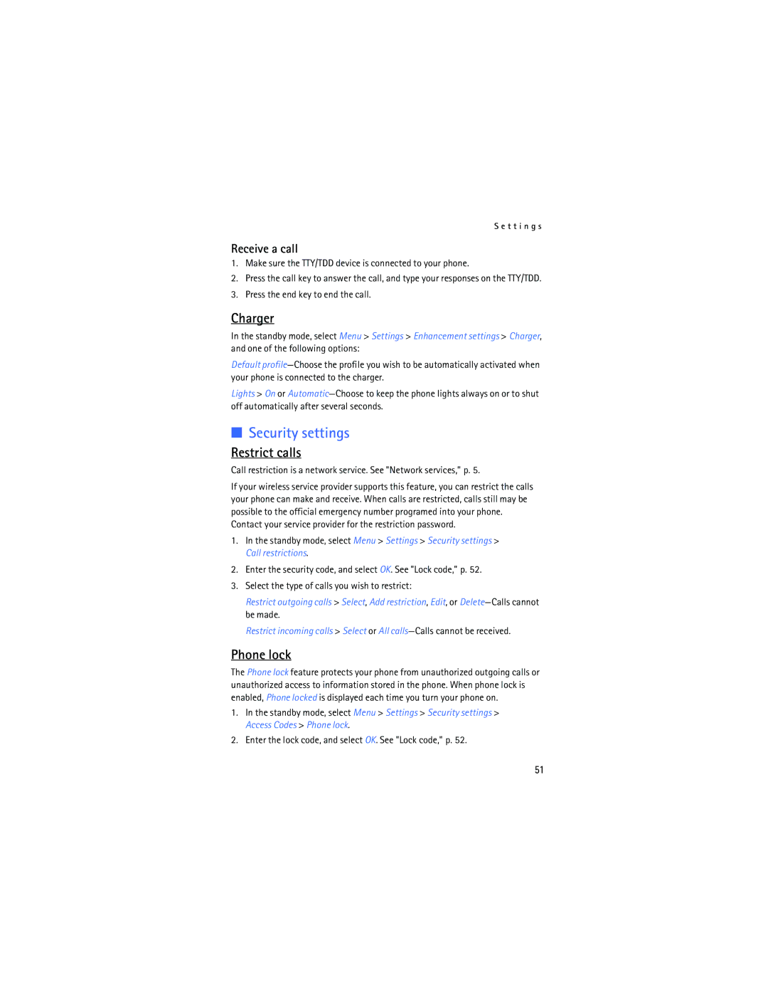 Nokia 2125i manual Security settings, Charger, Restrict calls, Phone lock, Receive a call 