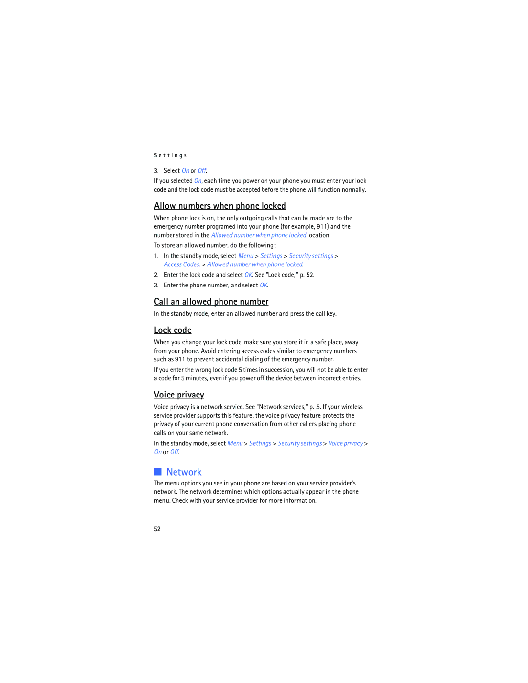 Nokia 2125i manual Network, Allow numbers when phone locked, Call an allowed phone number, Lock code, Voice privacy 