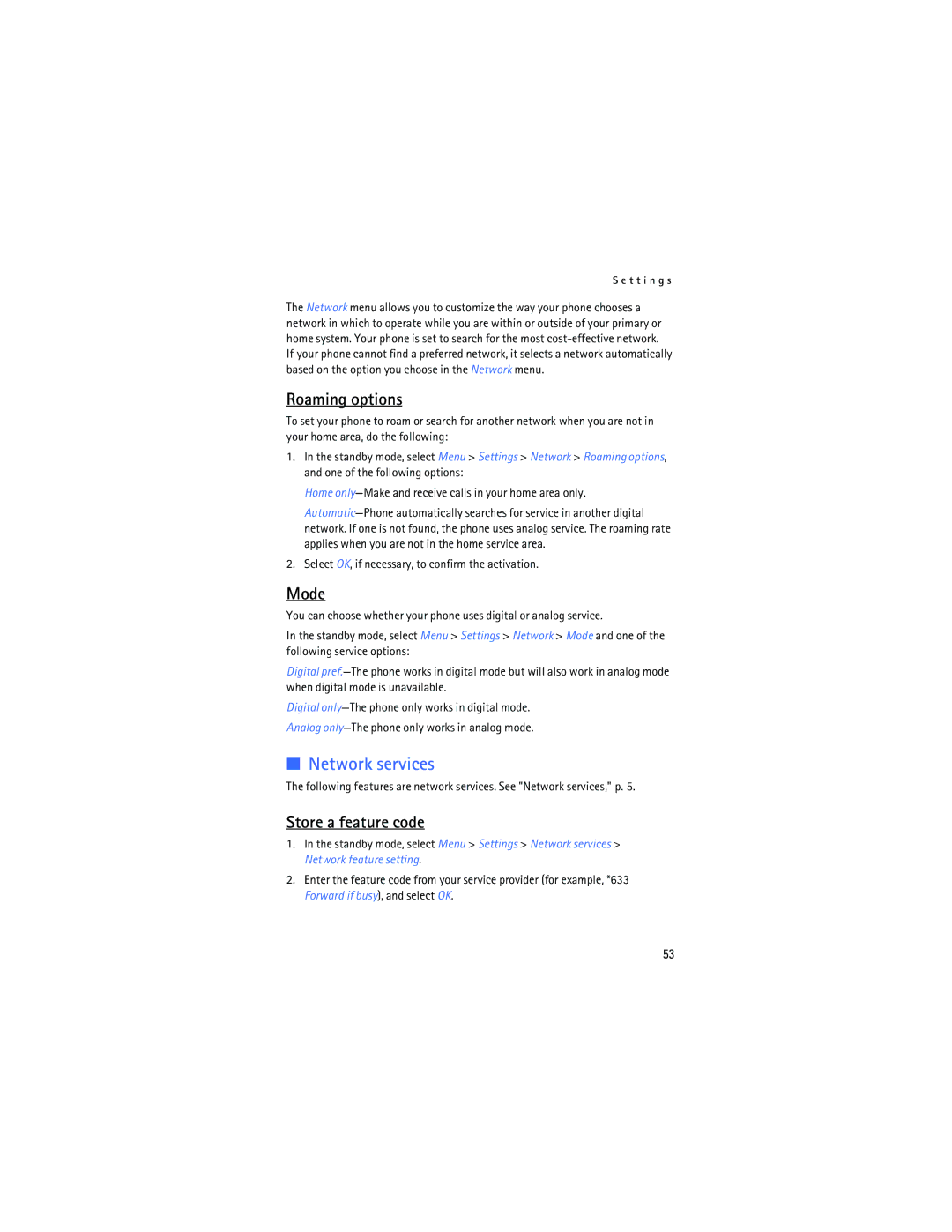 Nokia 2125i manual Roaming options, Mode, Store a feature code, Select OK, if necessary, to confirm the activation 