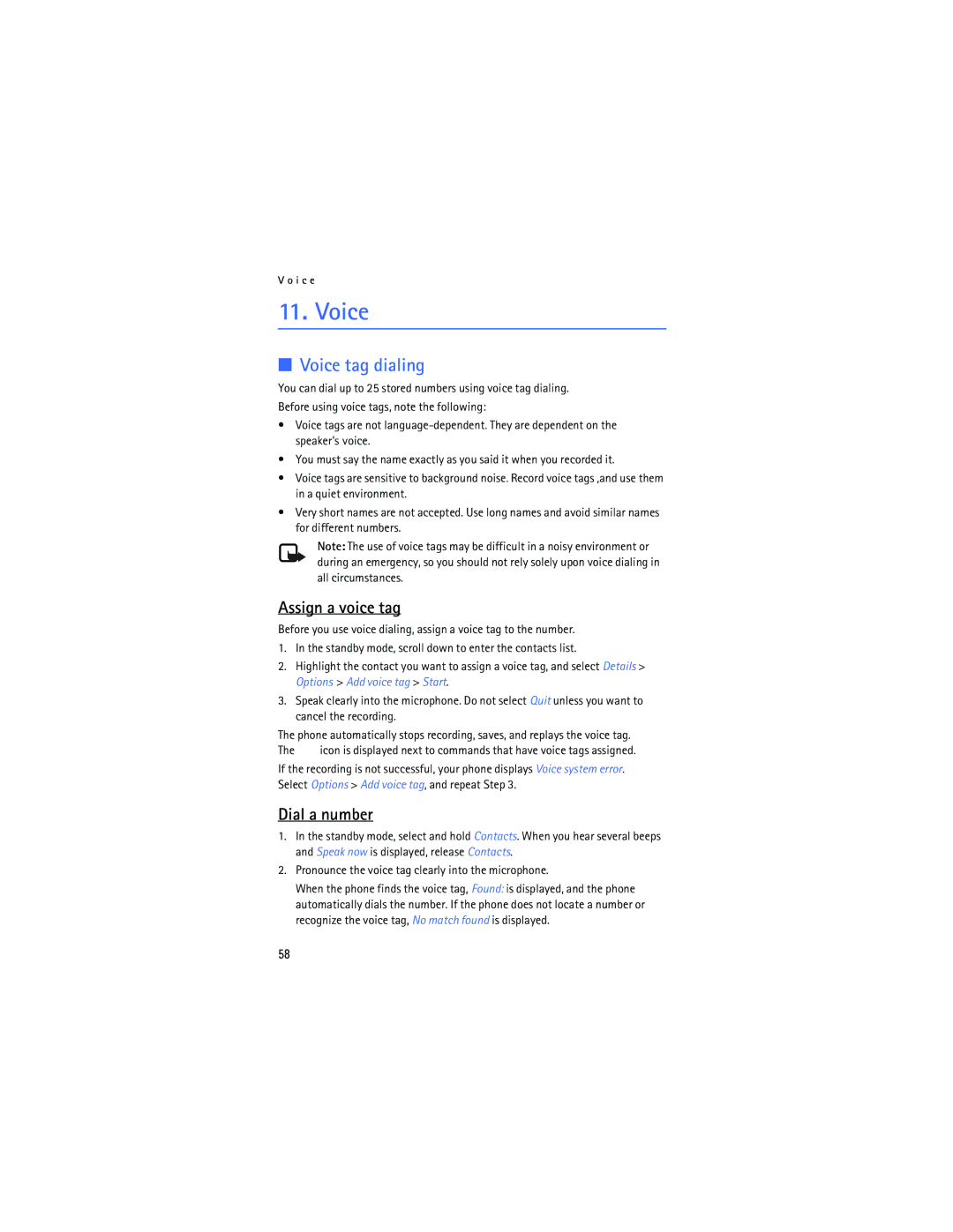Nokia 2125i manual Voice tag dialing, Assign a voice tag, Dial a number 