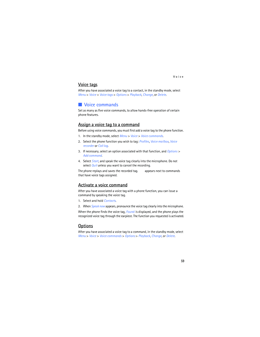 Nokia 2125i manual Voice commands, Voice tags, Assign a voice tag to a command, Activate a voice command, Options 