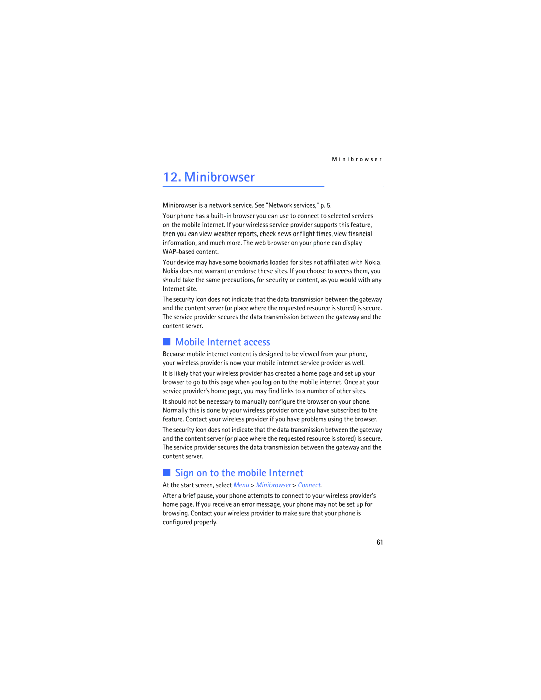 Nokia 2125i manual Minibrowser, Mobile Internet access, Sign on to the mobile Internet 