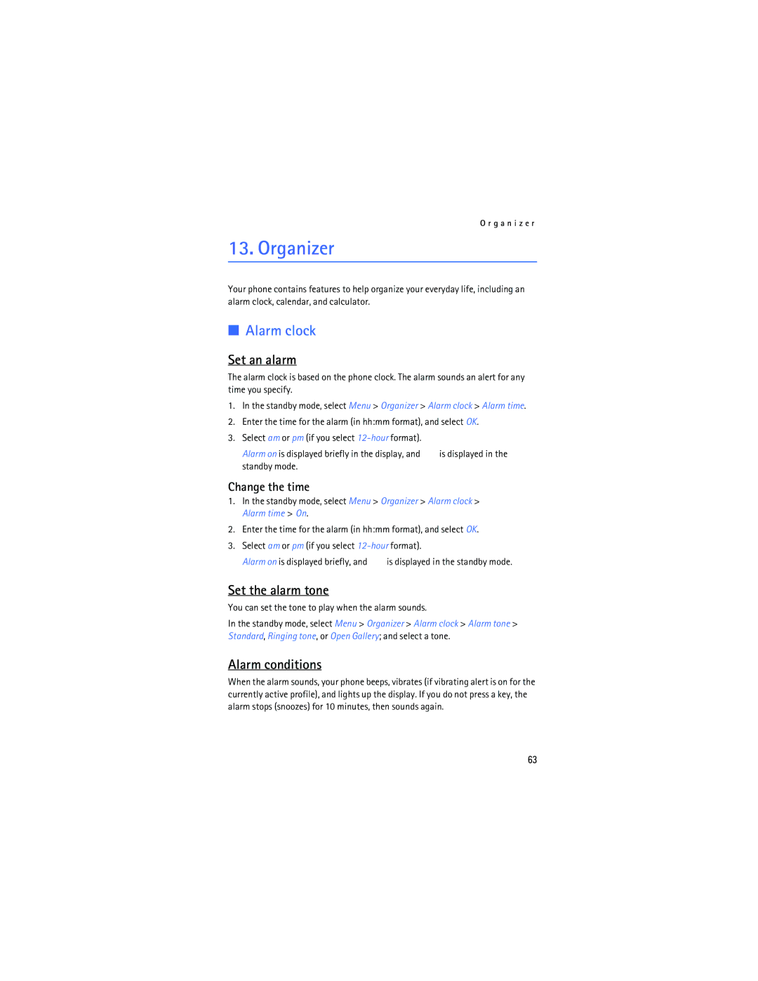 Nokia 2125i manual Organizer, Alarm clock, Set an alarm, Set the alarm tone, Alarm conditions 