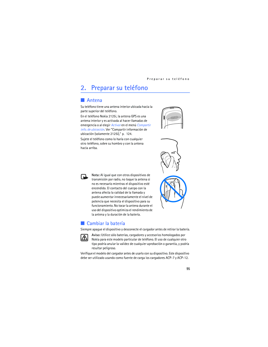 Nokia 2125i manual Preparar su teléfono, Antena, Cambiar la batería 