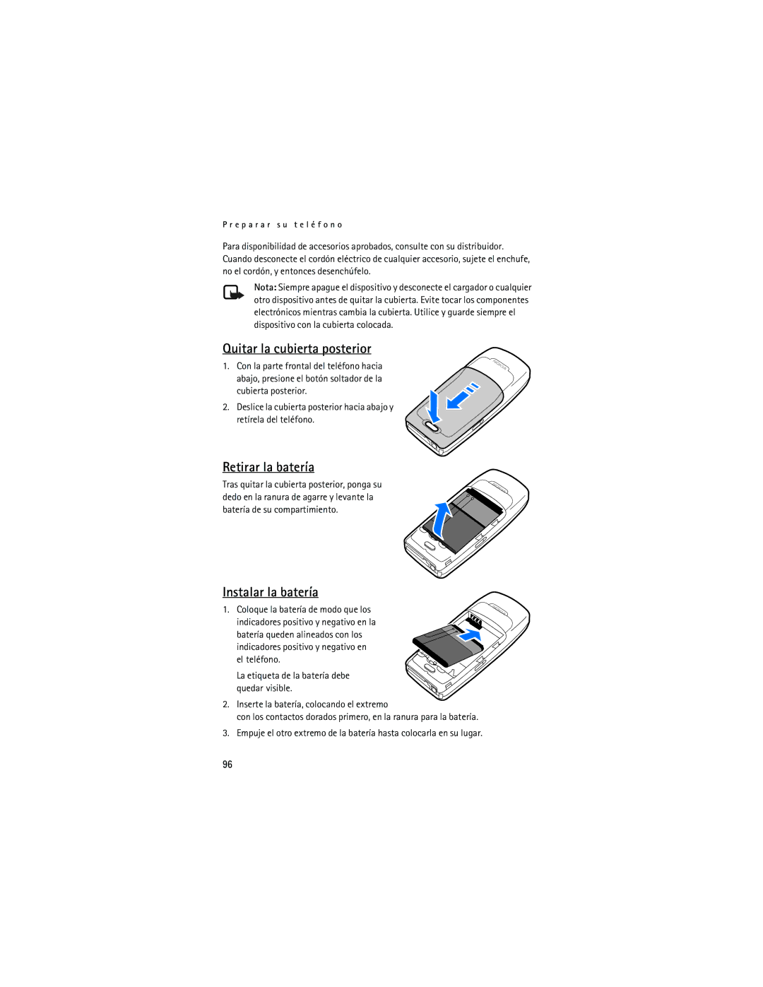 Nokia 2125i manual Quitar la cubierta posterior, Retirar la batería, Instalar la batería 