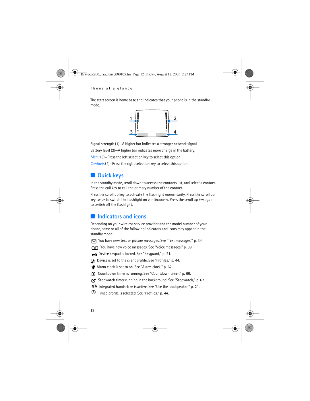 Nokia 2126 manual Quick keys, Indicators and icons, Timed profile is selected. See Profiles, p 