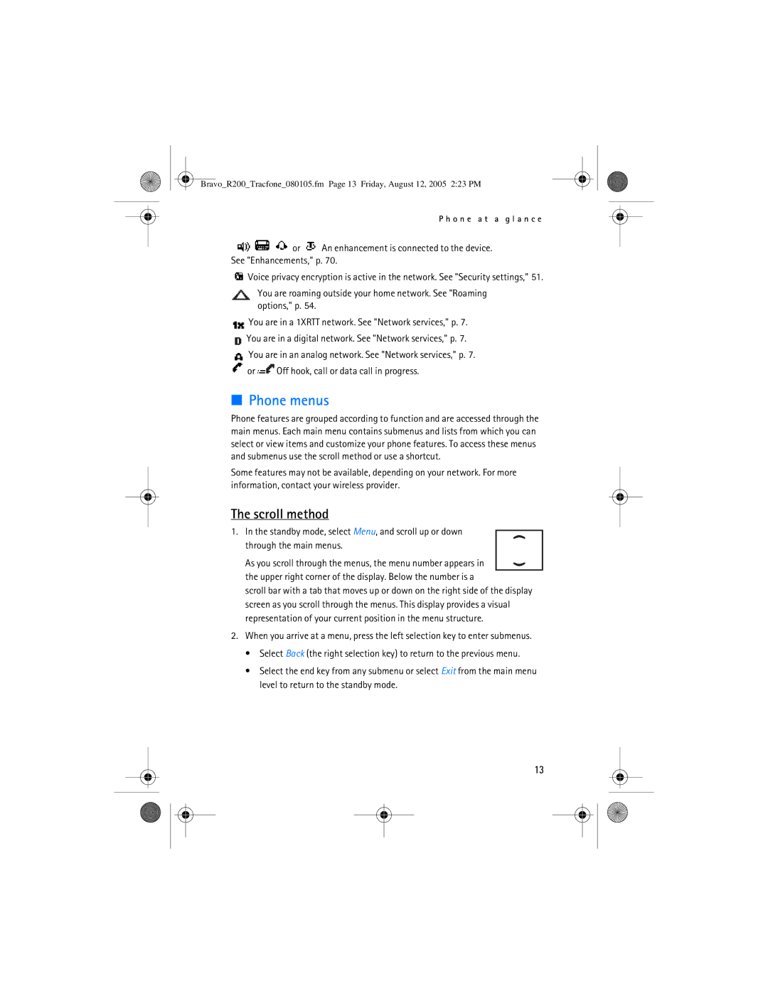 Nokia 2126 manual Phone menus, Scroll method 