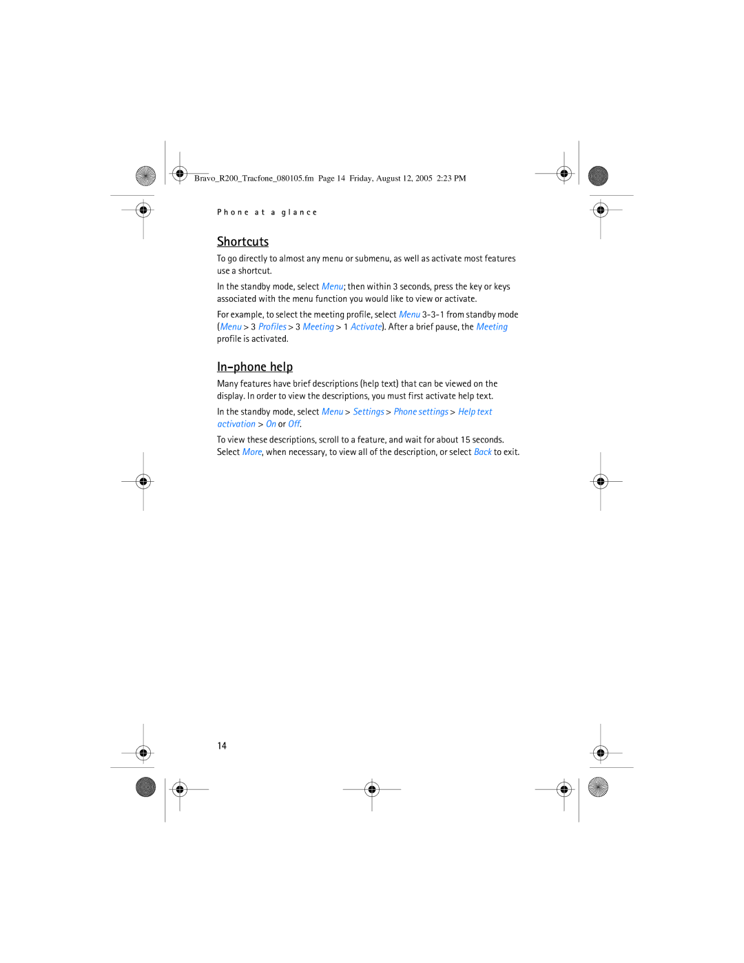 Nokia 2126 manual Shortcuts, In-phone help 