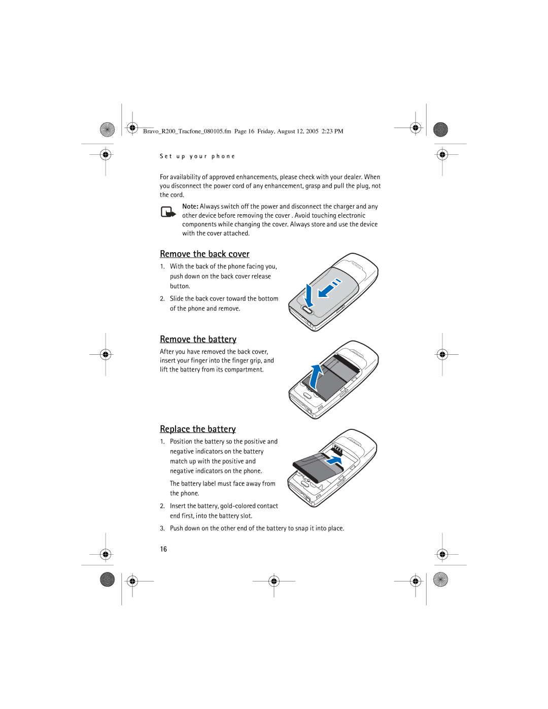 Nokia 2126 Remove the back cover, Remove the battery, Replace the battery, Battery label must face away from the phone 