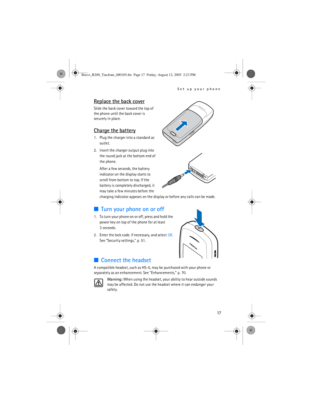 Nokia 2126 manual Turn your phone on or off, Connect the headset, Replace the back cover, Charge the battery, Seconds 