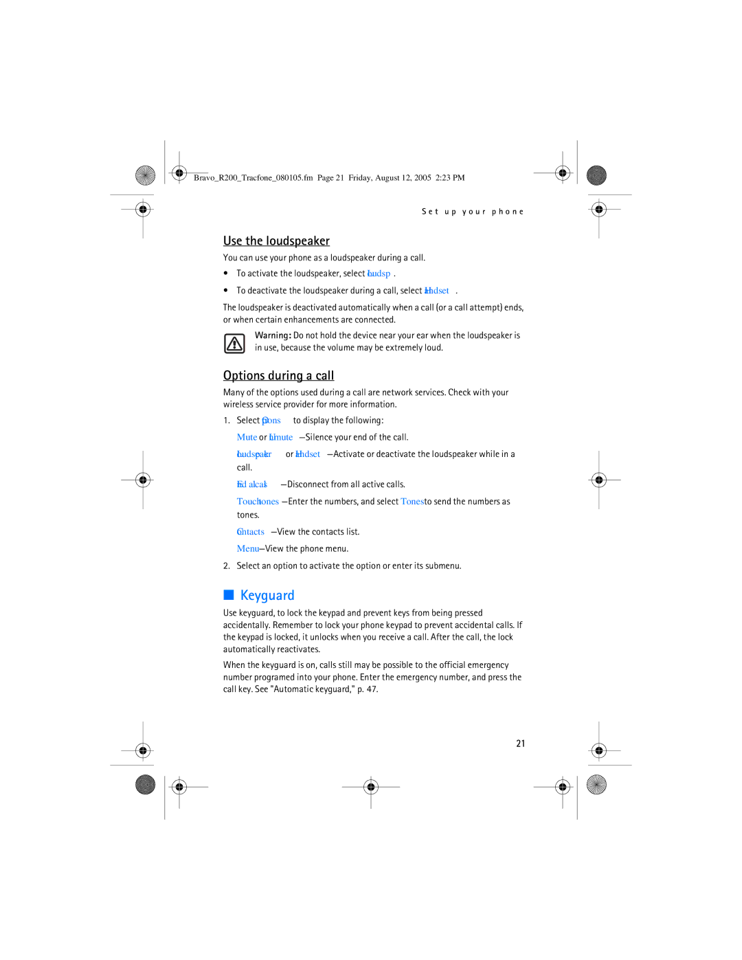 Nokia 2126 manual Keyguard, Use the loudspeaker, Options during a call 