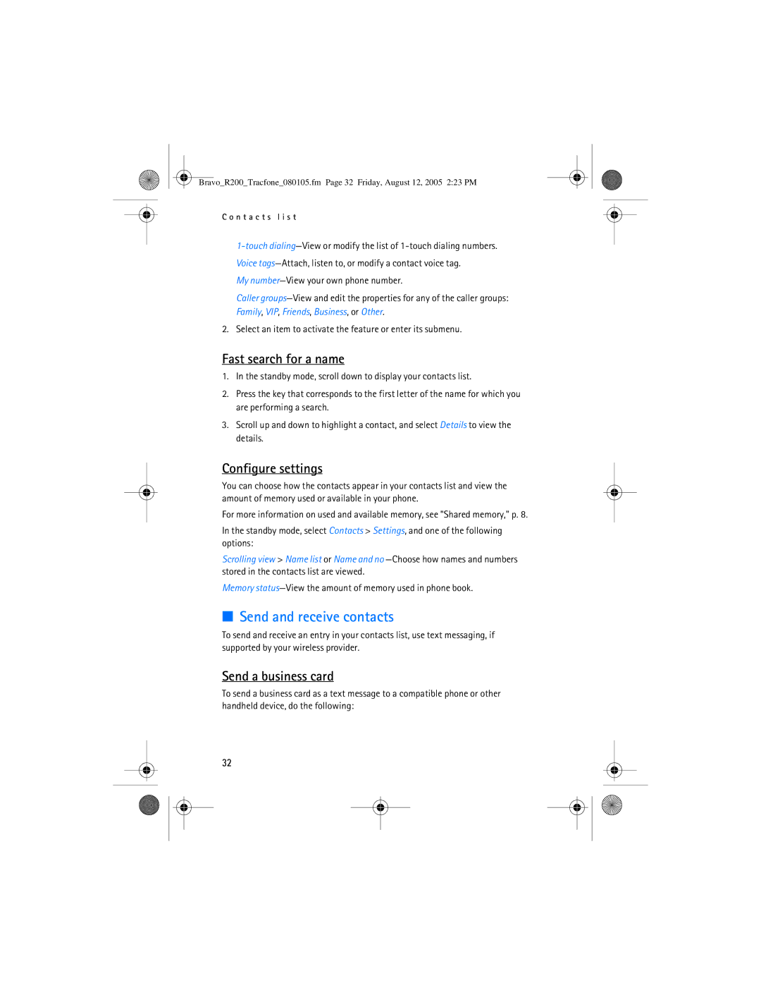 Nokia 2126 manual Send and receive contacts, Fast search for a name, Configure settings, Send a business card 