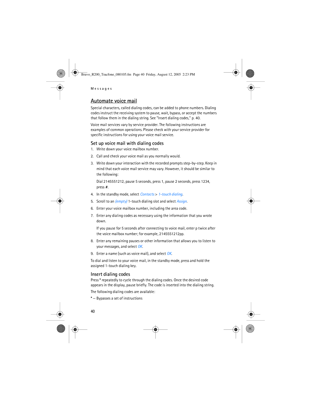 Nokia 2126 manual Automate voice mail, Set up voice mail with dialing codes, Insert dialing codes 