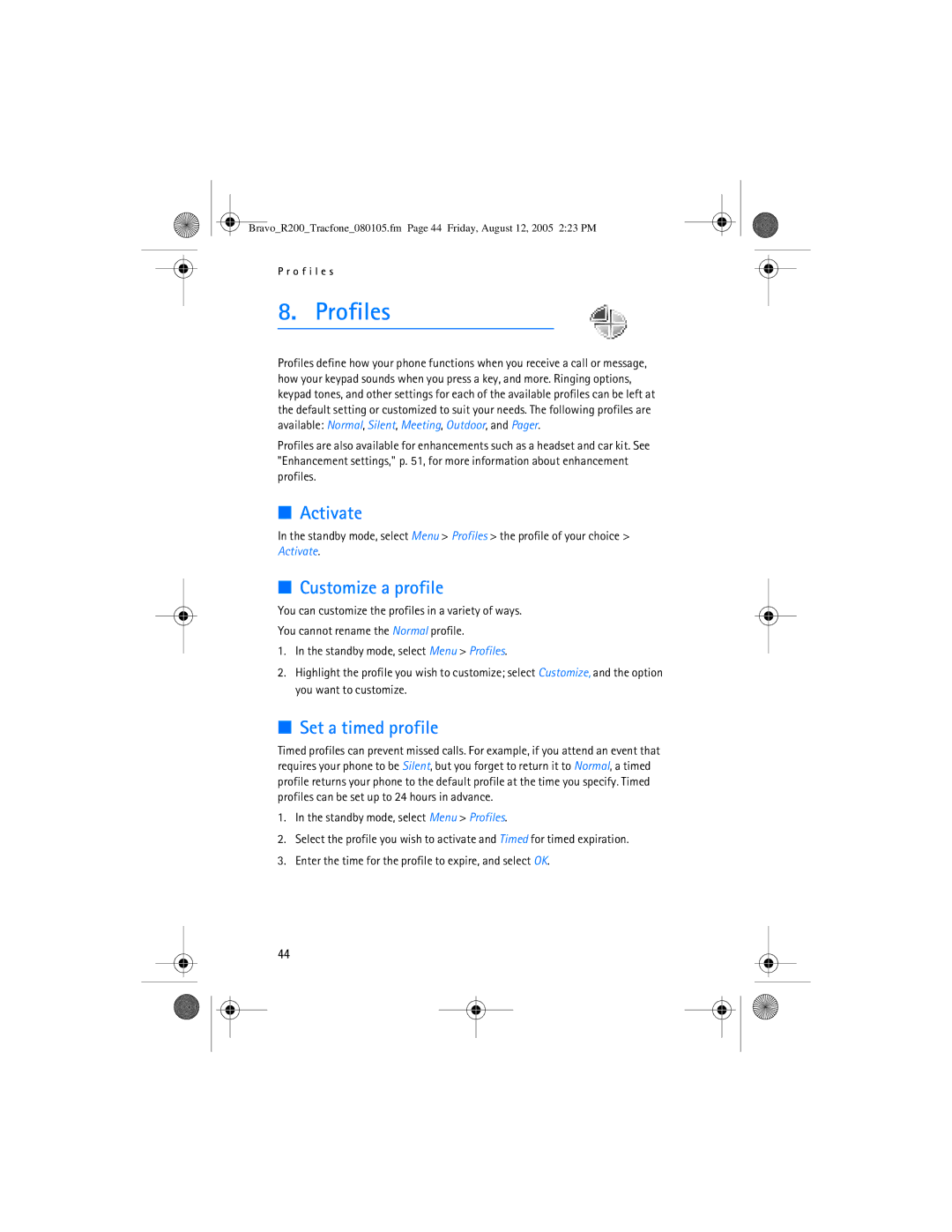 Nokia 2126 manual Profiles, Activate, Customize a profile, Set a timed profile 