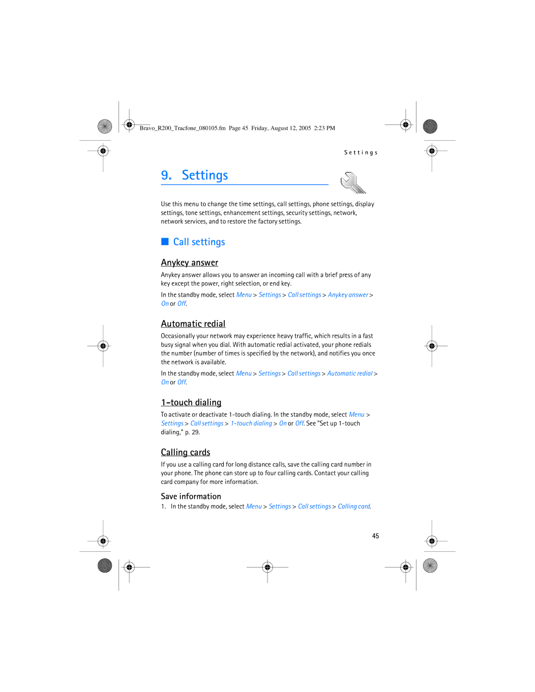 Nokia 2126 manual Settings, Call settings 