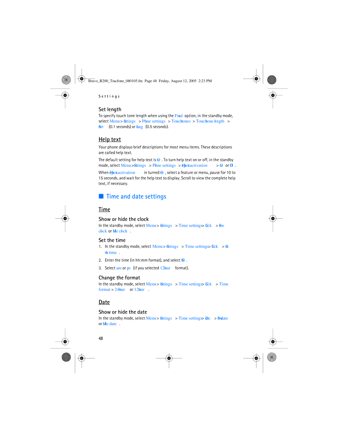 Nokia 2126 manual Time and date settings, Help text, Date 