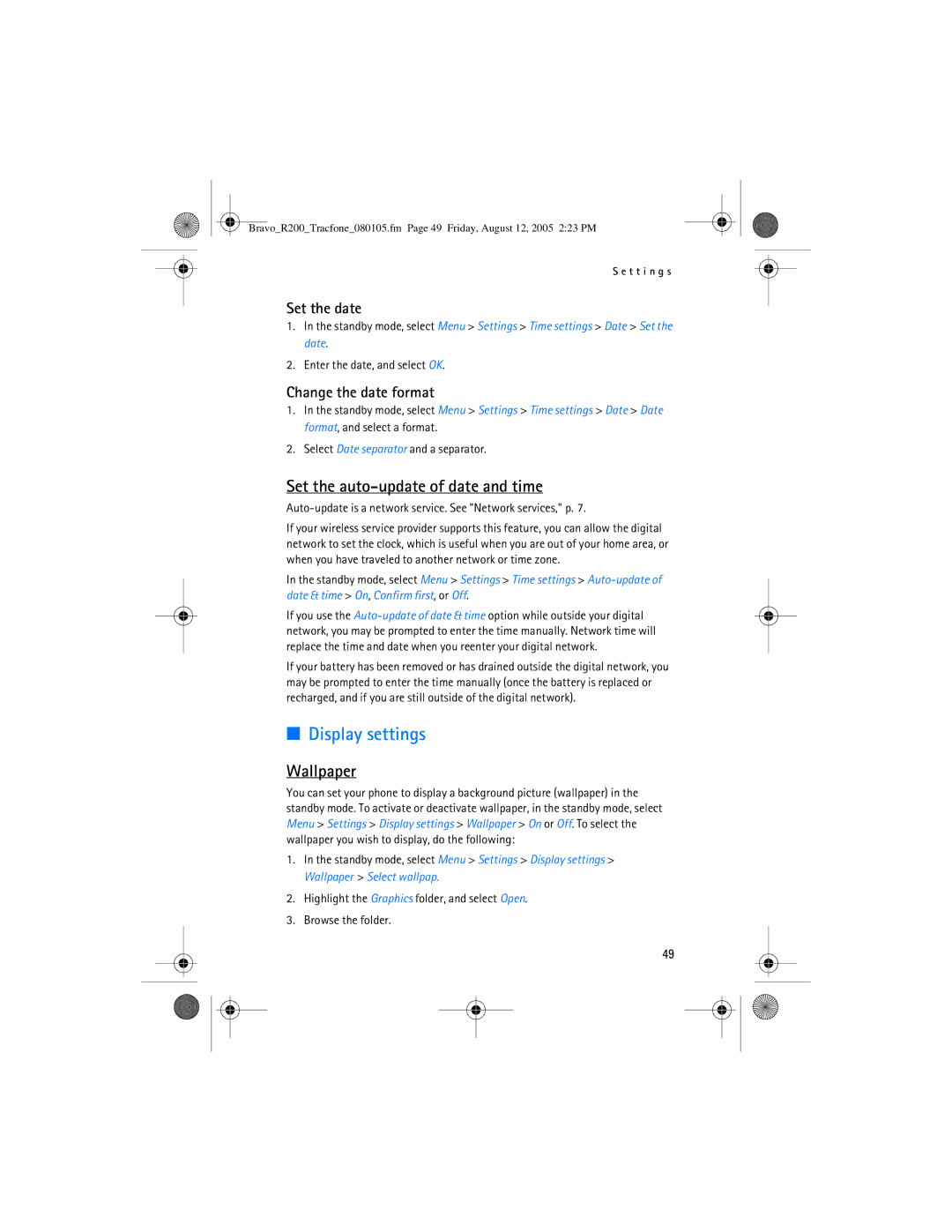 Nokia 2126 manual Display settings, Set the auto-update of date and time, Wallpaper, Set the date, Change the date format 