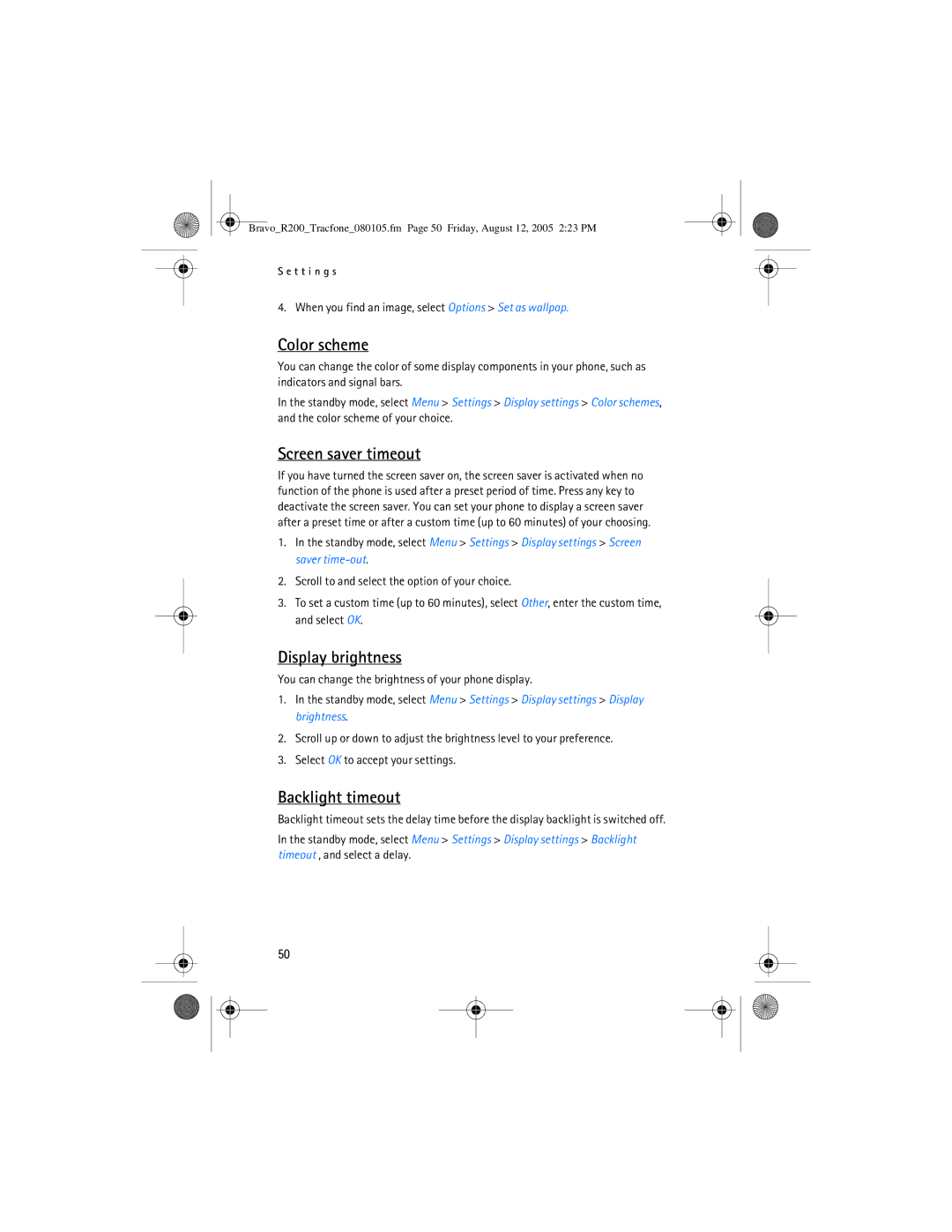 Nokia 2126 manual Color scheme, Screen saver timeout, Display brightness, Backlight timeout 