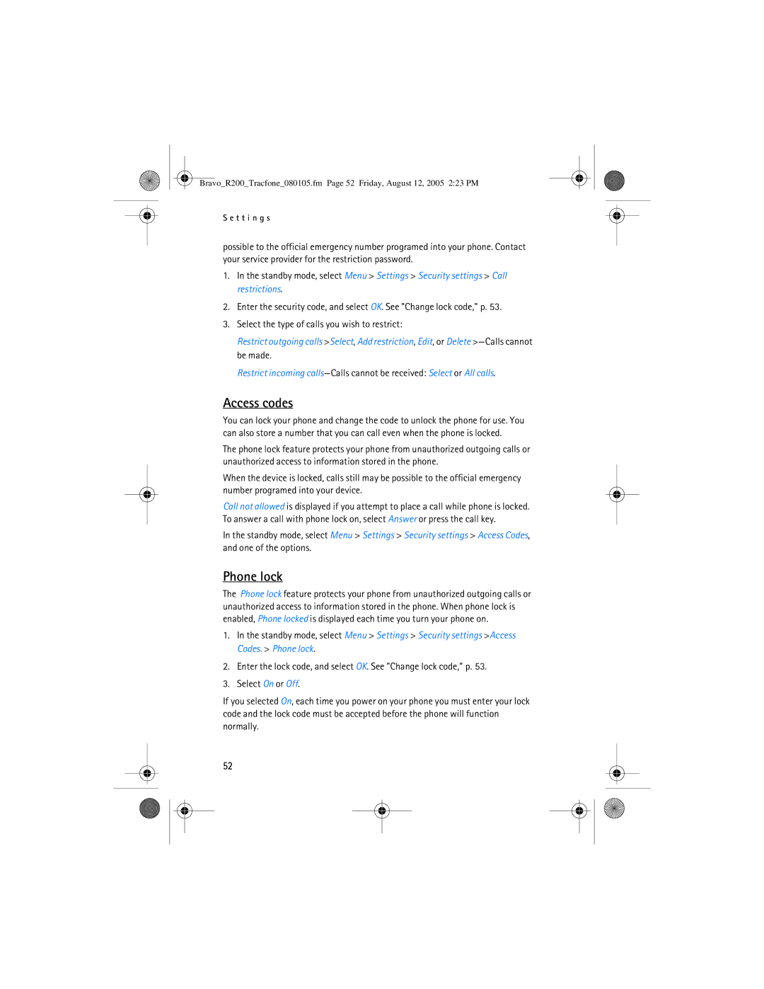 Nokia 2126 manual Access codes, Phone lock 