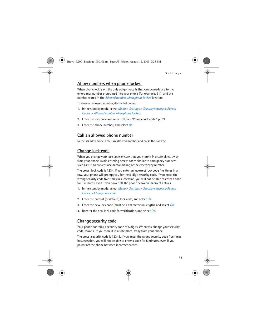 Nokia 2126 manual Allow numbers when phone locked, Call an allowed phone number, Change lock code, Change security code 