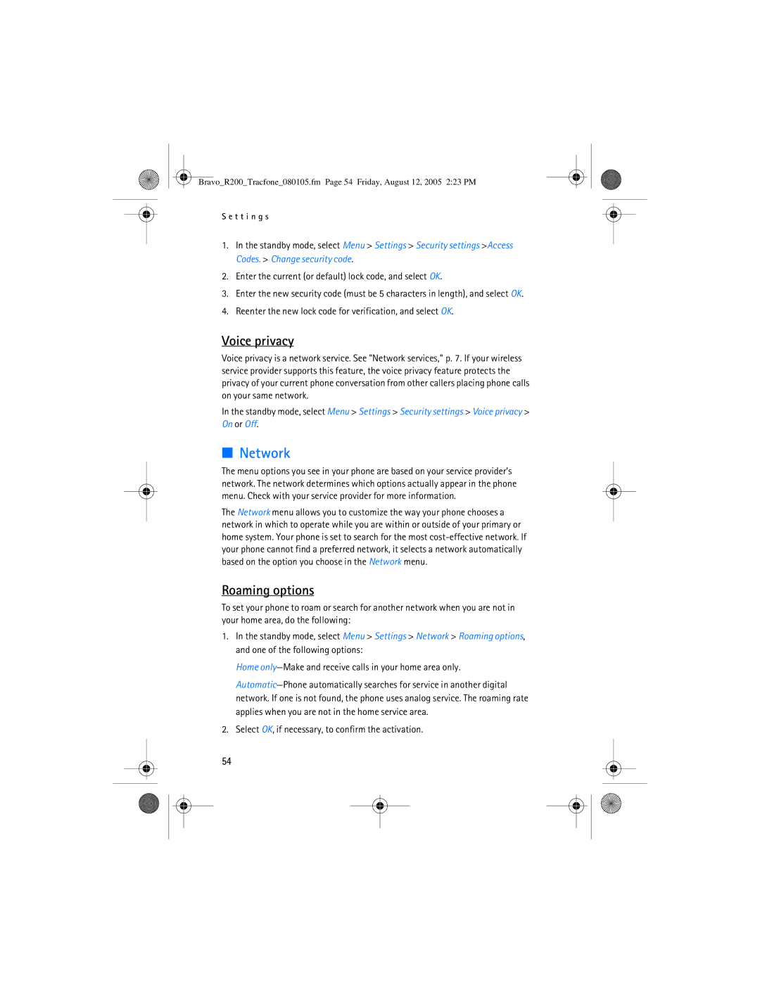 Nokia 2126 manual Network, Voice privacy, Roaming options, Select OK, if necessary, to confirm the activation 