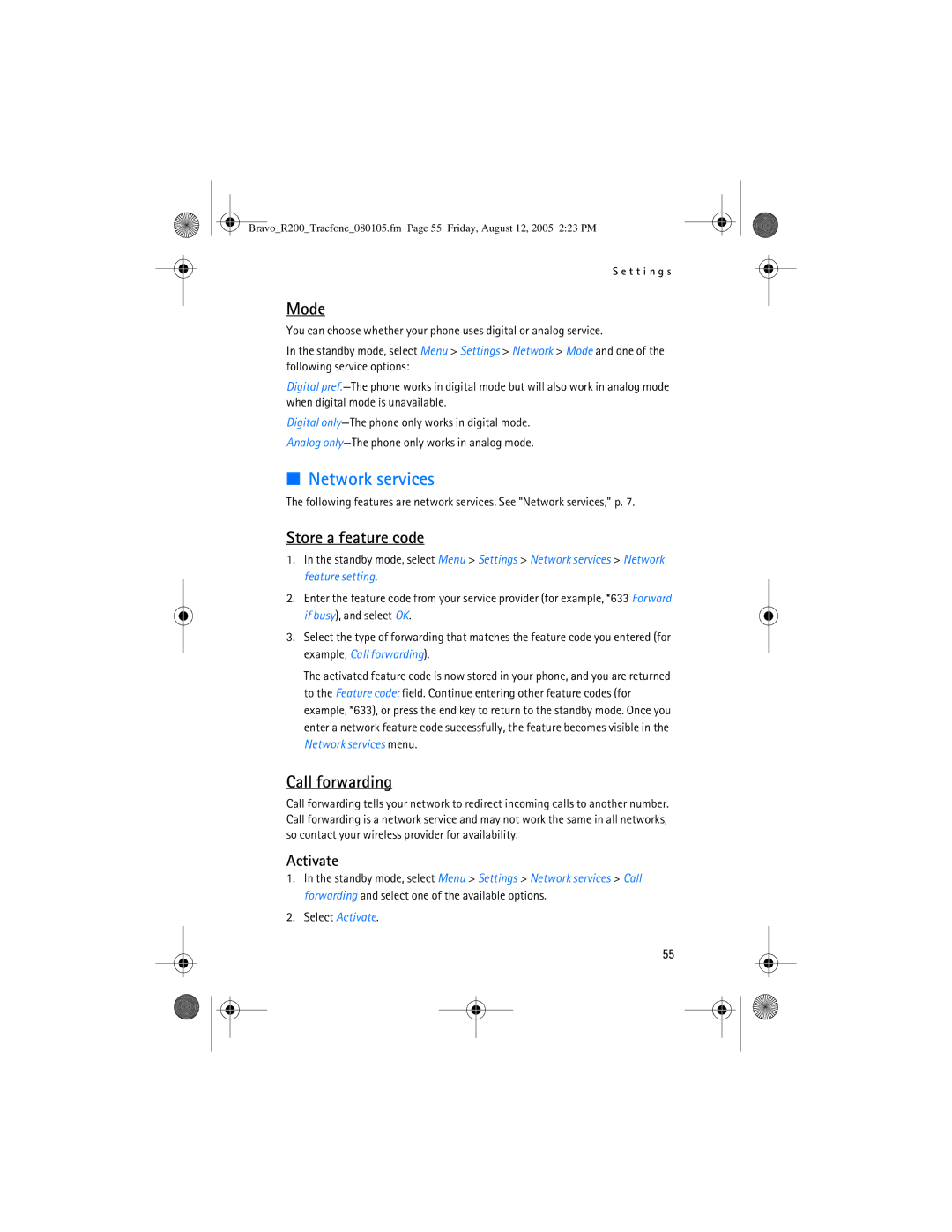 Nokia 2126 manual Mode, Store a feature code, Call forwarding, Select Activate 