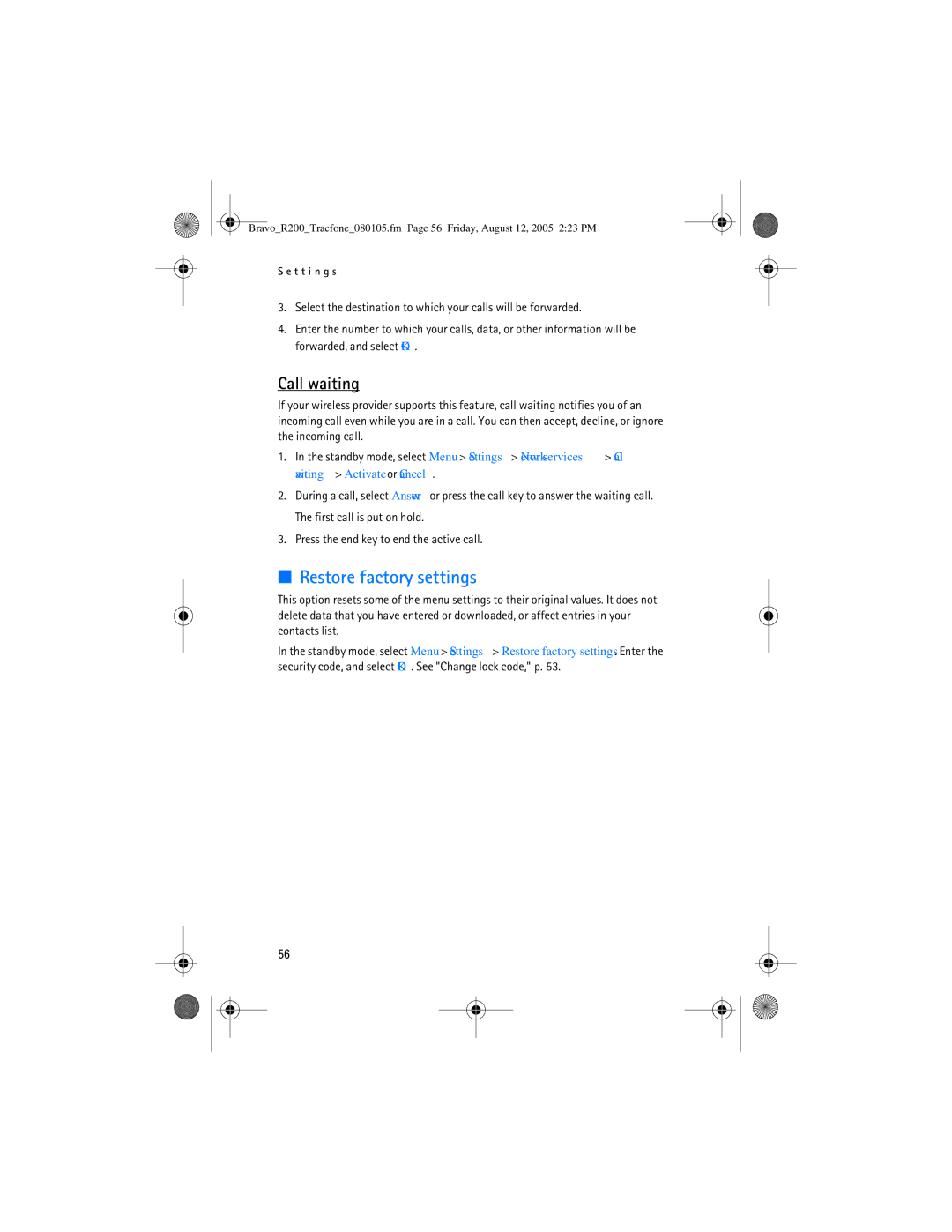 Nokia 2126 manual Restore factory settings, Call waiting 