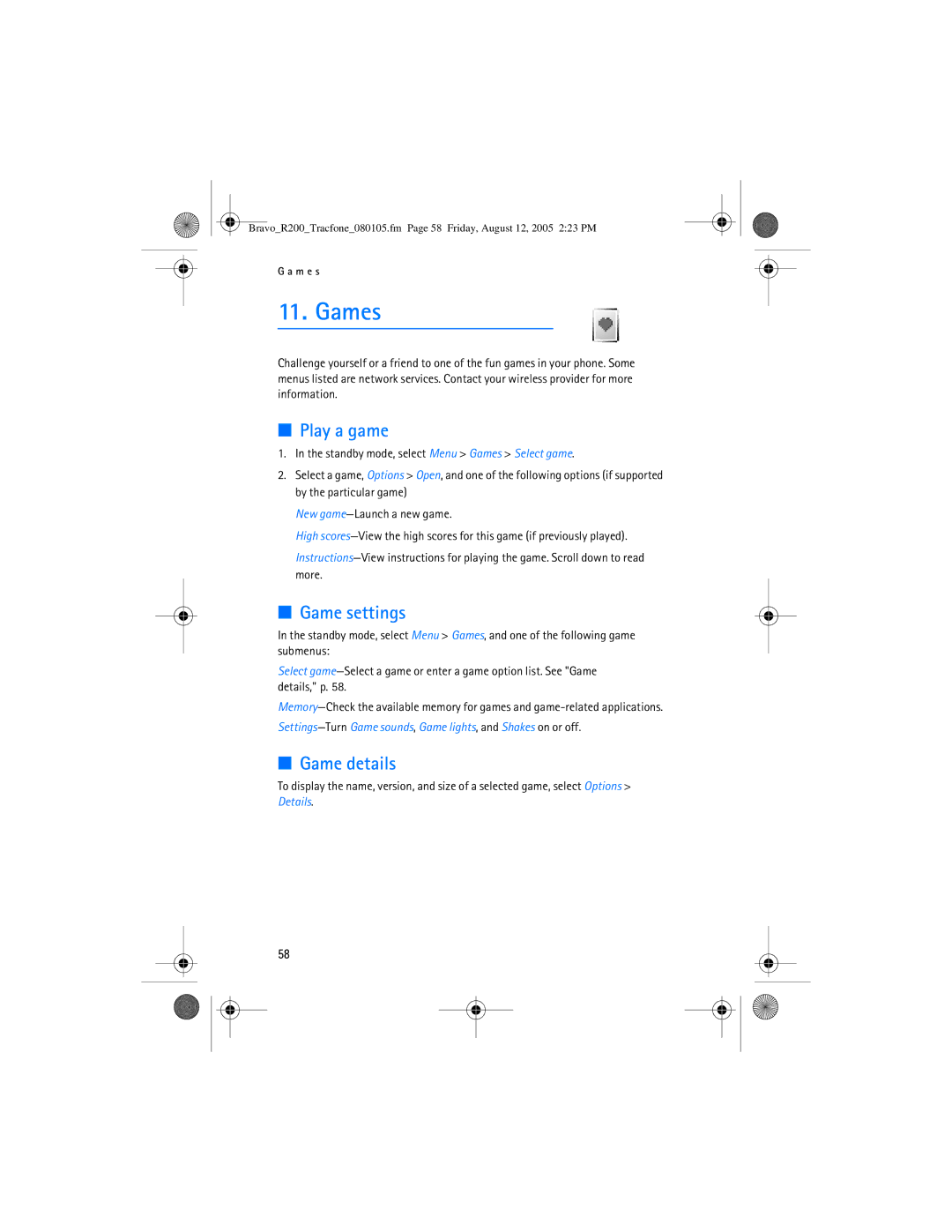 Nokia 2126 manual Games, Play a game, Game settings, Game details 