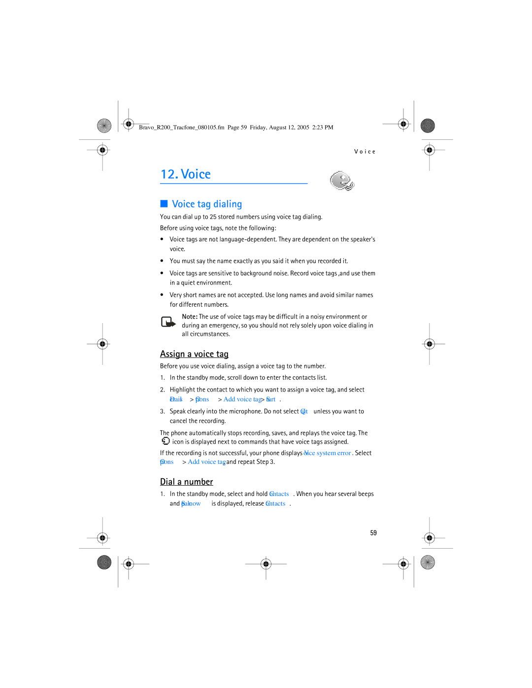 Nokia 2126 manual Voice tag dialing, Assign a voice tag, Dial a number 