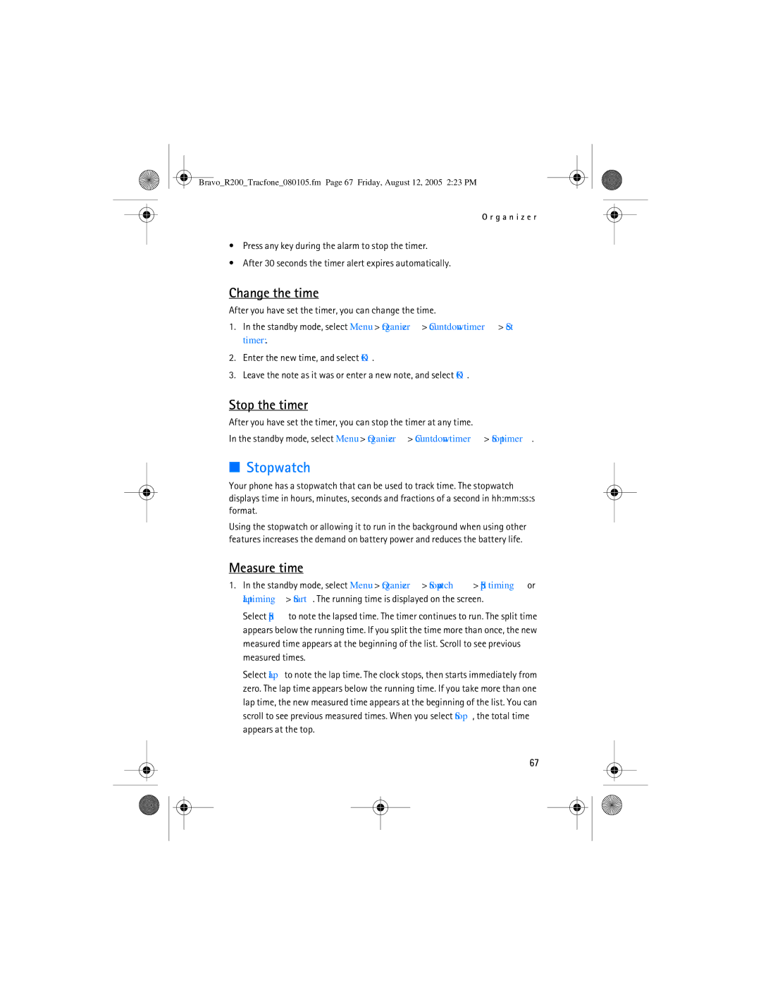 Nokia 2126 manual Stopwatch, Change the time, Stop the timer, Measure time 