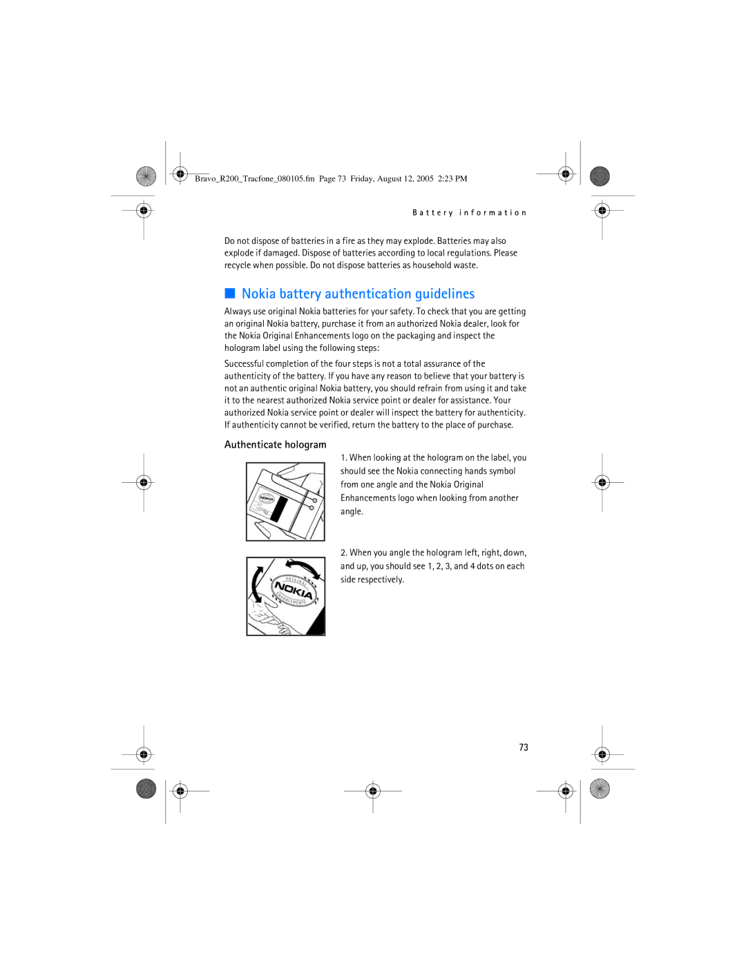 Nokia 2126 manual Nokia battery authentication guidelines, Authenticate hologram 