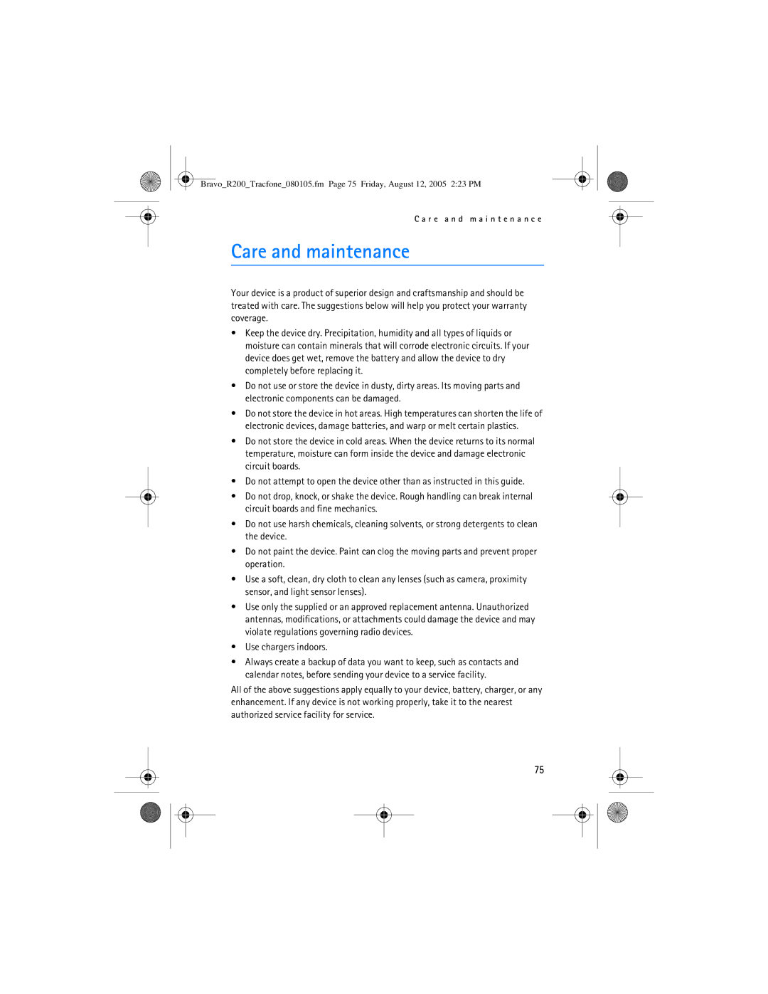 Nokia 2126 manual Care and maintenance, Use chargers indoors 